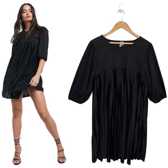 ASOS Dresses & Skirts - New ASOS Design Mini Pleated Smock Puff Sleeve Flare Dress Black 12
